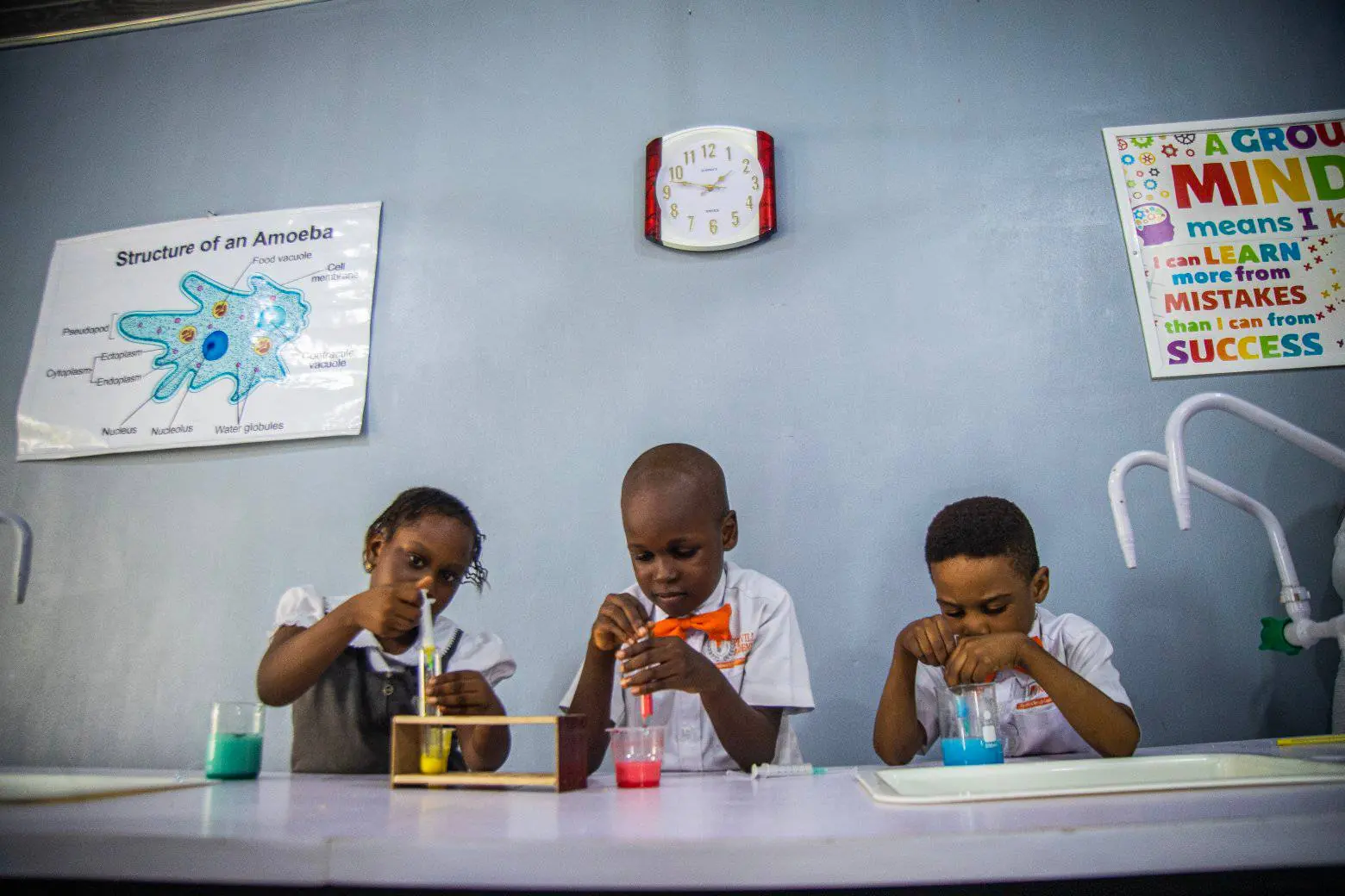 Three pupils working with coloured liquids beneath a chart of an amoeba